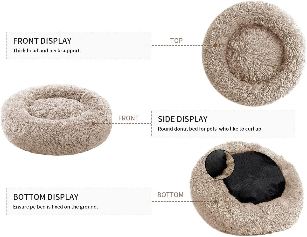 Calming Dog Bed for Medium Dogs, anti Anxiety Donut Dog Bed, round Dog Bed for Puppy, Plush Faux Fur Dog Bed, Fluffy Dog Bed, Soft Fuzzy Pet Bed, Machine Washable, 23X23Inch Khaki